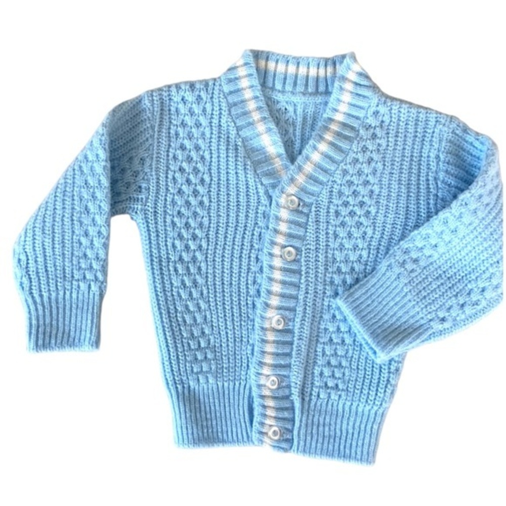 VINTAGE Handmade Sweater Cardigan Blue Preppy Hand Knit Top Long Sleeves